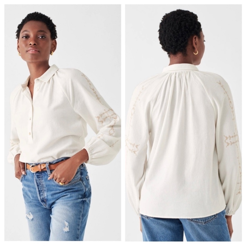 NWT Faherty Doug Goodfeather Journey 100% Cotton Top White w Tan Embroidery sz M